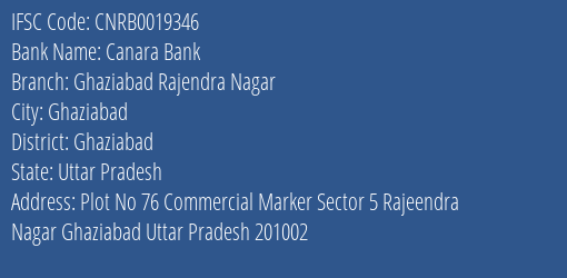 Canara Bank Ghaziabad Rajendra Nagar Branch, Branch Code 019346 & IFSC Code CNRB0019346