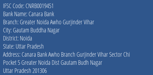 Canara Bank Greater Noida Awho Gurjinder Vihar Branch, Branch Code 019451 & IFSC Code CNRB0019451