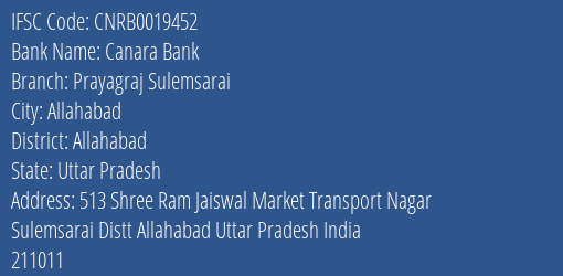 Canara Bank Prayagraj Sulemsarai Branch Allahabad IFSC Code CNRB0019452