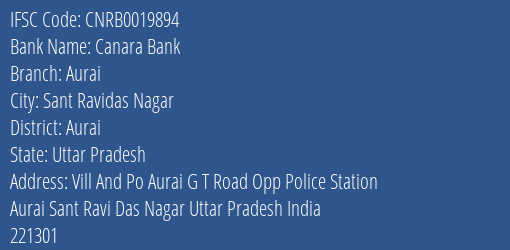 Canara Bank Aurai Branch Aurai IFSC Code CNRB0019894