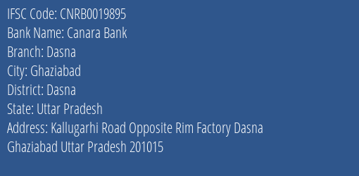 Canara Bank Dasna Branch Dasna IFSC Code CNRB0019895