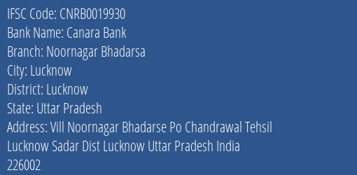 Canara Bank Noornagar Bhadarsa Branch, Branch Code 019930 & IFSC Code CNRB0019930