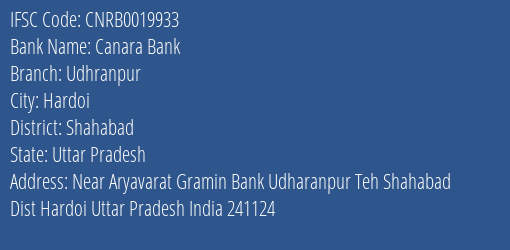 Canara Bank Udhranpur Branch, Branch Code 019933 & IFSC Code CNRB0019933