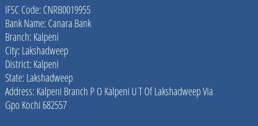 Canara Bank Kalpeni Branch, Branch Code 019955 & IFSC Code CNRB0019955