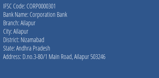 Corporation Bank Ailapur Branch Nizamabad IFSC Code CORP0000301