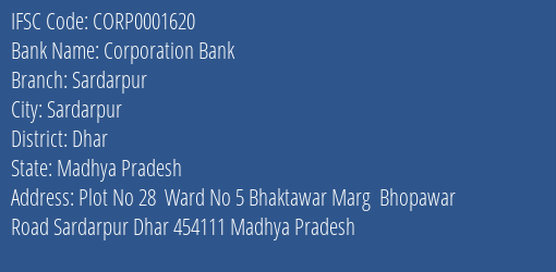 Corporation Bank Sardarpur Branch Dhar IFSC Code CORP0001620