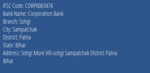 Corporation Bank Sohgi Branch Patna IFSC Code CORP0003474