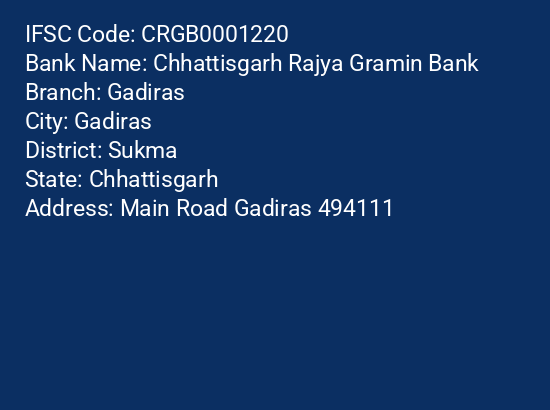 Chhattisgarh Rajya Gramin Bank Gadiras Sukma IFSC Code CRGB0001220