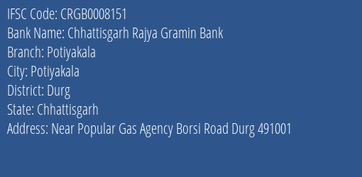 Chhattisgarh Rajya Gramin Bank Potiyakala Branch, Branch Code 008151 & IFSC Code Crgb0008151