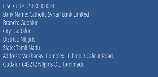 Catholic Syrian Bank Limited Gudalur Branch, Branch Code 000024 & IFSC Code CSBK0000024