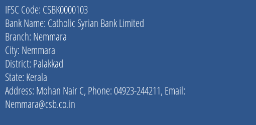 Catholic Syrian Bank Limited Nemmara Branch IFSC Code