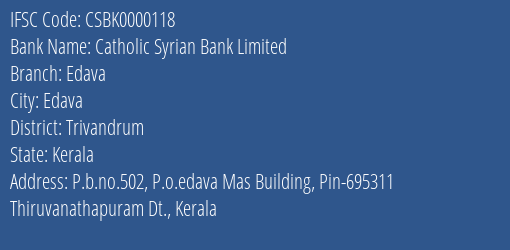 Catholic Syrian Bank Edava Branch Trivandrum IFSC Code CSBK0000118