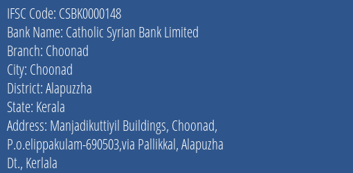 Catholic Syrian Bank Limited Choonad Branch, Branch Code 000148 & IFSC Code CSBK0000148