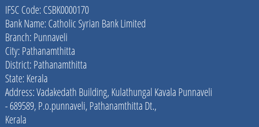 Catholic Syrian Bank Limited Punnaveli Branch, Branch Code 000170 & IFSC Code CSBK0000170