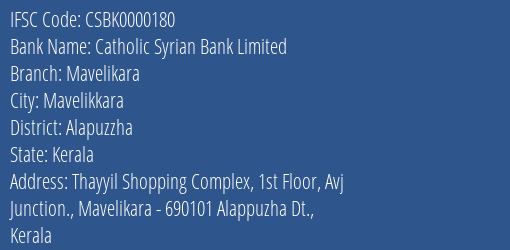 Catholic Syrian Bank Limited Mavelikara Branch, Branch Code 000180 & IFSC Code CSBK0000180