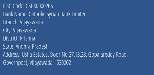 Catholic Syrian Bank Limited Vijayawada Branch, Branch Code 000206 & IFSC Code CSBK0000206