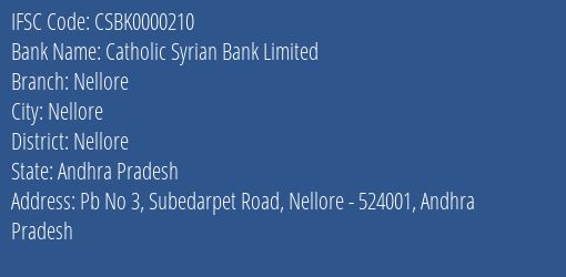 Catholic Syrian Bank Nellore Branch Nellore IFSC Code CSBK0000210