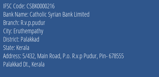 Catholic Syrian Bank Limited R.v.p.pudur Branch IFSC Code