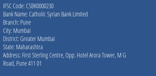 Catholic Syrian Bank Limited Pune Branch, Branch Code 000230 & IFSC Code CSBK0000230