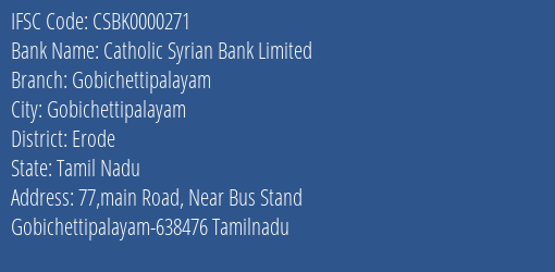 Catholic Syrian Bank Limited Gobichettipalayam Branch IFSC Code