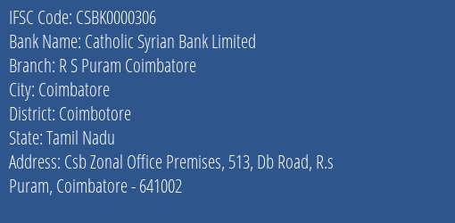 Catholic Syrian Bank Limited R S Puram Coimbatore Branch IFSC Code