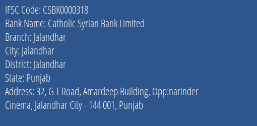 Catholic Syrian Bank Limited Jalandhar Branch, Branch Code 000318 & IFSC Code CSBK0000318
