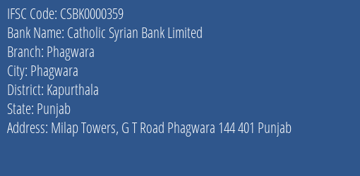 Catholic Syrian Bank Limited Phagwara Branch, Branch Code 000359 & IFSC Code CSBK0000359