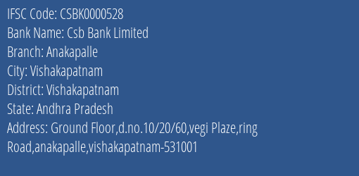 Csb Bank Limited Anakapalle Branch, Branch Code 000528 & IFSC Code CSBK0000528