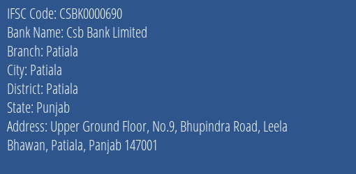 Csb Bank Limited Patiala Branch, Branch Code 000690 & IFSC Code CSBK0000690