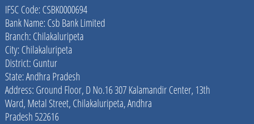 Csb Bank Limited Chilakaluripeta Branch, Branch Code 000694 & IFSC Code CSBK0000694