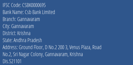 Csb Bank Limited Gannavaram Branch, Branch Code 000695 & IFSC Code CSBK0000695