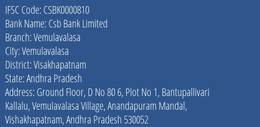 Csb Bank Limited Vemulavalasa Branch, Branch Code 000810 & IFSC Code CSBK0000810