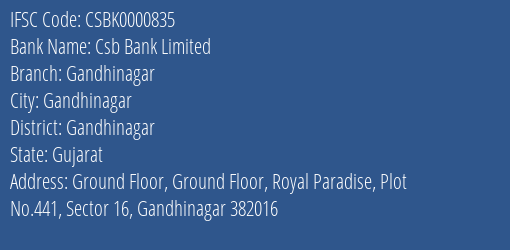 Csb Bank Limited Gandhinagar Branch, Branch Code 000835 & IFSC Code CSBK0000835