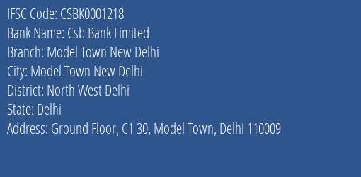 Csb Bank Limited Model Town New Delhi Branch, Branch Code 001218 & IFSC Code CSBK0001218