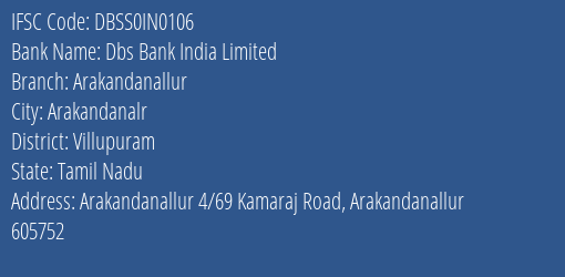 Dbs Bank India Limited Arakandanallur Branch, Branch Code IN0106 & IFSC Code DBSS0IN0106