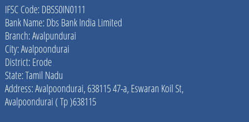 Dbs Bank India Limited Avalpundurai Branch, Branch Code IN0111 & IFSC Code DBSS0IN0111
