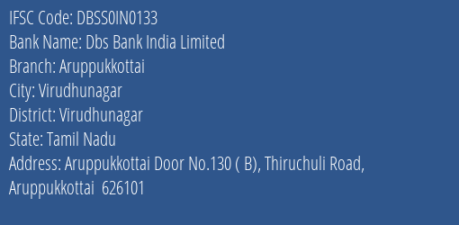 Dbs Bank India Limited Aruppukkottai Branch, Branch Code IN0133 & IFSC Code DBSS0IN0133