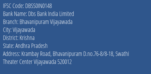 Dbs Bank India Limited Bhavanipuram Vijayawada Branch, Branch Code IN0148 & IFSC Code DBSS0IN0148