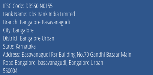 Dbs Bank India Limited Bangalore Basavanagudi Branch, Branch Code IN0155 & IFSC Code DBSS0IN0155