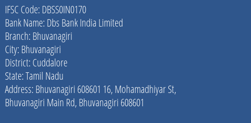 Dbs Bank India Limited Bhuvanagiri Branch, Branch Code IN0170 & IFSC Code DBSS0IN0170