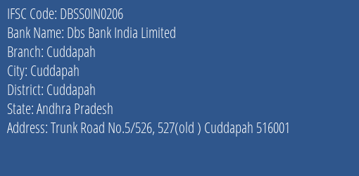 Dbs Bank India Limited Cuddapah Branch, Branch Code IN0206 & IFSC Code DBSS0IN0206