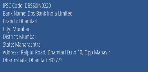 Dbs Bank India Limited Dhamtari Branch, Branch Code IN0220 & IFSC Code DBSS0IN0220