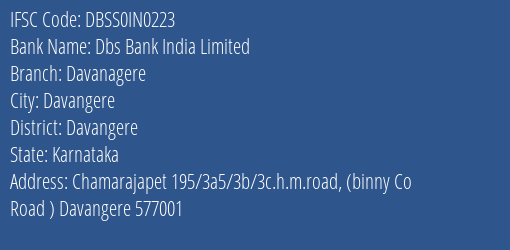 Dbs Bank India Limited Davanagere Branch, Branch Code IN0223 & IFSC Code DBSS0IN0223