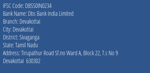 Dbs Bank India Limited Devakottai Branch, Branch Code IN0234 & IFSC Code DBSS0IN0234