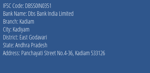 Dbs Bank India Limited Kadiam Branch, Branch Code IN0351 & IFSC Code DBSS0IN0351
