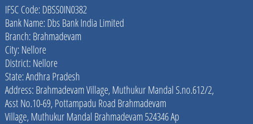 Dbs Bank India Limited Brahmadevam Branch, Branch Code IN0382 & IFSC Code DBSS0IN0382