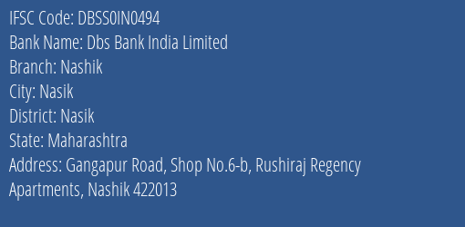 Dbs Bank India Limited Nashik Branch, Branch Code IN0494 & IFSC Code DBSS0IN0494