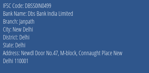 Dbs Bank India Limited Janpath Branch, Branch Code IN0499 & IFSC Code DBSS0IN0499
