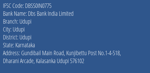 Dbs Bank India Limited Udupi Branch, Branch Code IN0775 & IFSC Code DBSS0IN0775