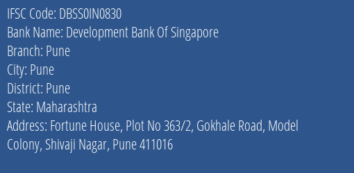 Development Bank Of Singapore Pune Branch, Branch Code IN0830 & IFSC Code DBSS0IN0830